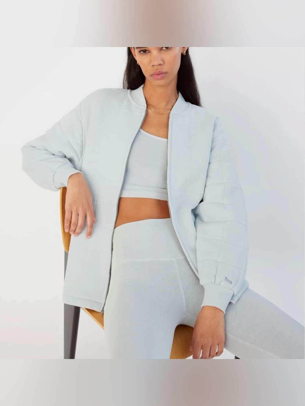 Aritzia Tna Cozy Quilted Light Blue Bomber Oversized Jacket